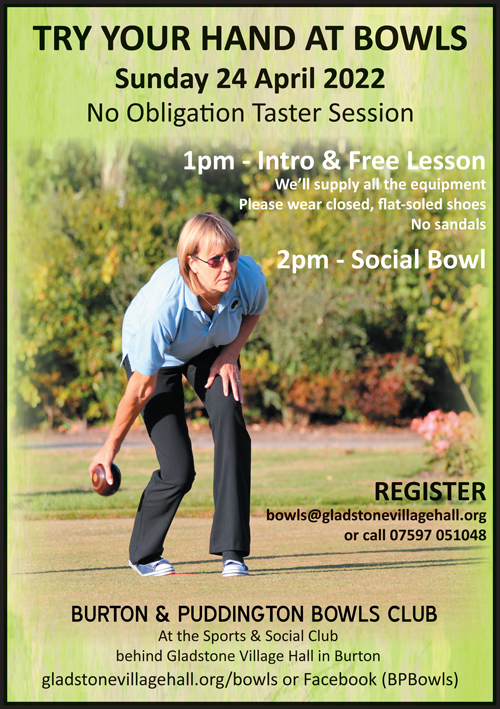 Flyer with woman bowling and information about the Taster Session on 24 April.