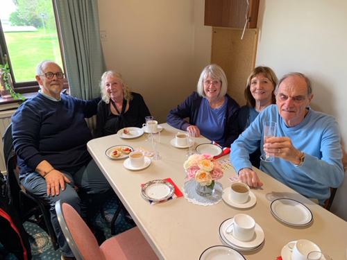 Sitting with food and drink. Dave, Anne, Kath, Laura and Rod