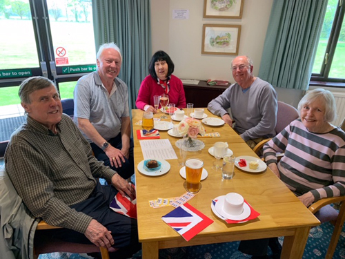 Sitting with food and drink. David, Brian, Judith, Geoff & Janet