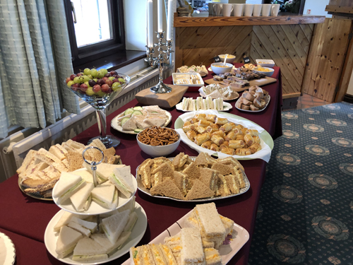 Sandwiches and savouries on the buffet table.