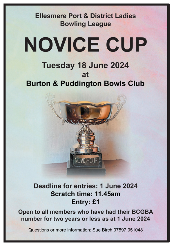 A flyer showing details of the Novice Cup - date, deadline for entries (1 June), scratch time (11.45am), entry fee (£1). Also a picture of the trophy.