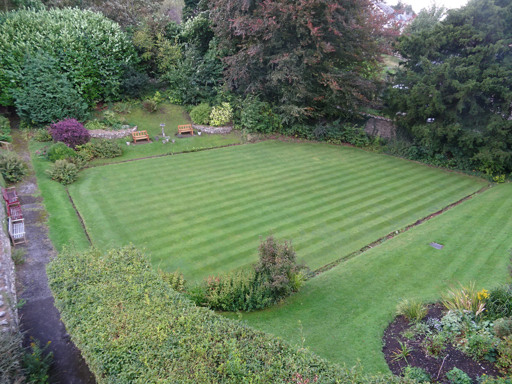 Looking down at the bowling green at Parkside from a window in the guest house